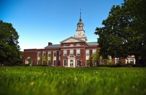 Bertrand Library, a brick building with a clock tower.