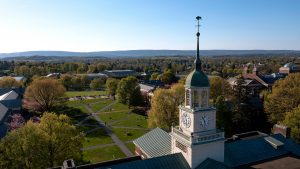 Aerial shot of Bertrand Library and the Bucknell campus.